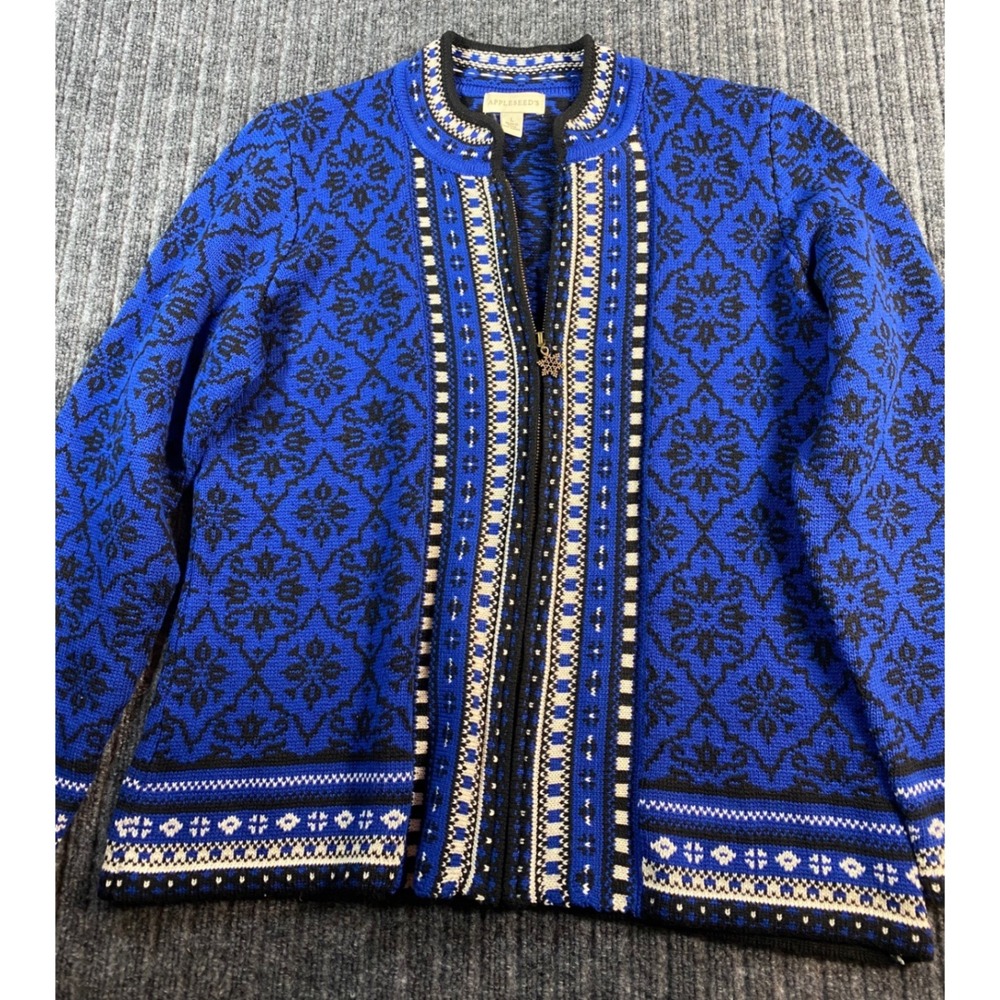 APPLESEED'S Full Zip Cardigan Women L Blue Nordic Fair Isle Snowflake Zipper